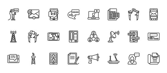 24 set of outline web communication icons such as emails, video chat, talking, chatting, writing letter vector thin icons for report, presentation, diagram, web design, mobile app