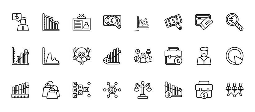 24 set of outline web business icons such as down graphic of business stats, scatter chart, smooth line chart, man with moustach, centralized connections vector thin icons for report, presentation,