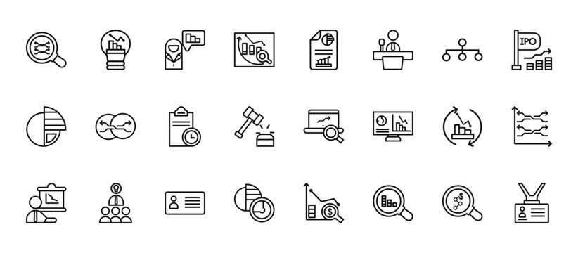 24 set of outline web business icons such as business, report, merge charts, synchronization, data analytics circular vector thin icons for report, presentation, diagram, web design, mobile app