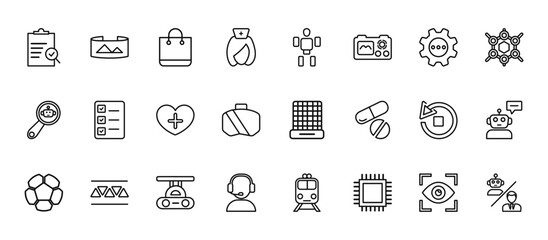 24 set of outline web artificial intellegence icons such as field of view, exoskeleton, check list, replacement, assistant vector thin icons for report, presentation, diagram, web design, mobile app