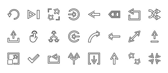24 set of outline web arrows icons such as skip track, left arrow, drag, diagonal, splitting arrow vector thin icons for report, presentation, diagram, web design, mobile app