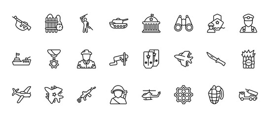 24 set of outline web army icons such as time bomb with clock, federal agency, condecoration, military knife, soldier vector thin icons for report, presentation, diagram, web design, mobile app