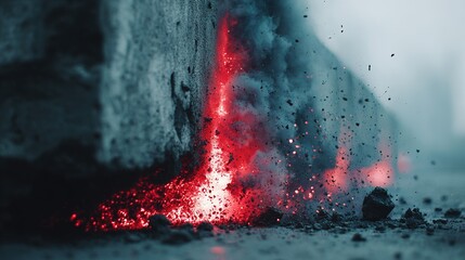 Molten lava flows down a dark rock face in a desolate landscape.