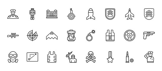 24 set of outline web army icons such as military robot hine, airplane bomb, militar radar, radiation, rebellion vector thin icons for report, presentation, diagram, web design, mobile app