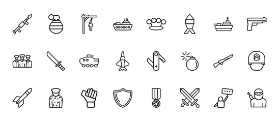 24 set of outline web army icons such as grenade, knuckle, combat knife, shotgun, shield vector thin icons for report, presentation, diagram, web design, mobile app © Digital Bazaar