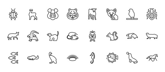 24 set of outline web animals icons such as roe, calf, gecko, wolverine, clam vector thin icons for report, presentation, diagram, web design, mobile app