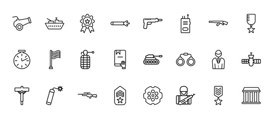 24 set of outline web army icons such as army boat, gun shooting, patriot, civilian, shoulder strap vector thin icons for report, presentation, diagram, web design, mobile app