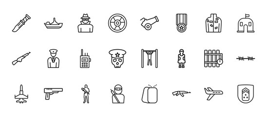 24 set of outline web army icons such as militar ship, artillery, officer, time bomb with clock, guerrilla vector thin icons for report, presentation, diagram, web design, mobile app