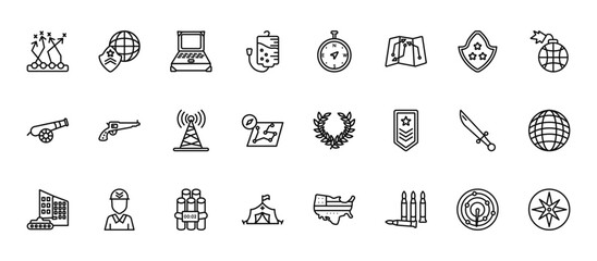 24 set of outline web army icons such as planet grid circular, compass, revolver, dagger, tent vector thin icons for report, presentation, diagram, web design, mobile app