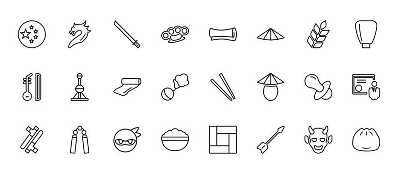 24 set of outline web asian icons such as dragon, scrolls, oriental pearl tower, dummy, rice vector thin icons for report, presentation, diagram, web design, mobile app