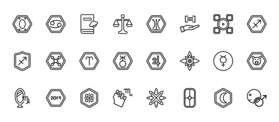 24 set of outline web zodiac icons such as cancer, tartar, gods guidance, mercury, strength vector thin icons for report, presentation, diagram, web design, mobile app