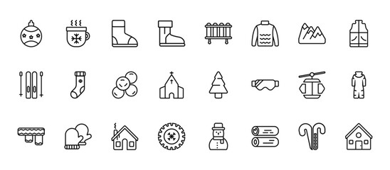 24 set of outline web winter icons such as hot drink, heater, christmas sock, cable car cabin, winter tire vector thin icons for report, presentation, diagram, web design, mobile app
