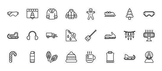 24 set of outline web winter icons such as christmas day, gingerbread man, earmuffs, lights, winter cap vector thin icons for report, presentation, diagram, web design, mobile app