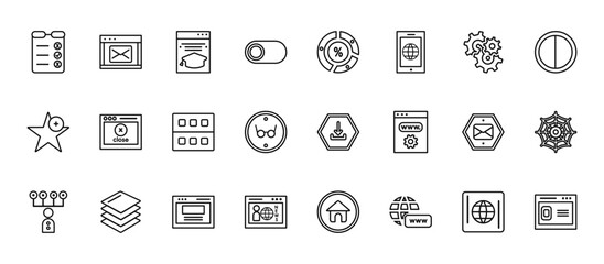 24 set of outline web web icons such as message closed envelope, circular graphic, closing, close envelope, newscaster vector thin icons for report, presentation, diagram, web design, mobile app