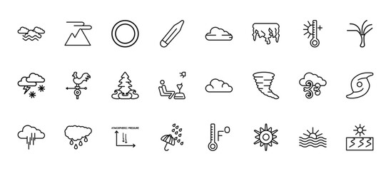 24 set of outline web weather icons such as aurora, foggy day, weathercock, wind, sprinkle weather vector thin icons for report, presentation, diagram, web design, mobile app