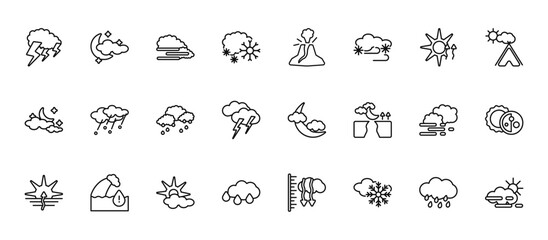 24 set of outline web weather icons such as night, eruption, hail, mist, dew vector thin icons for report, presentation, diagram, web design, mobile app