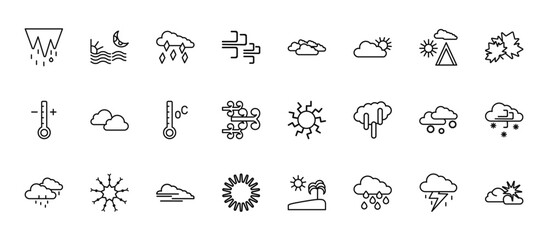 24 set of outline web weather icons such as twilight, overcast, altostratus, snow cloud, daytime vector thin icons for report, presentation, diagram, web design, mobile app