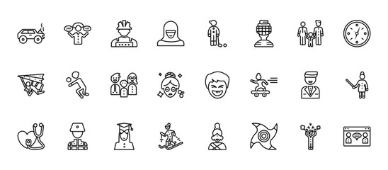 24 set of outline web user icons such as feasibility, golfer, volleyball player, groom avatar, skier vector thin icons for report, presentation, diagram, web design, mobile app