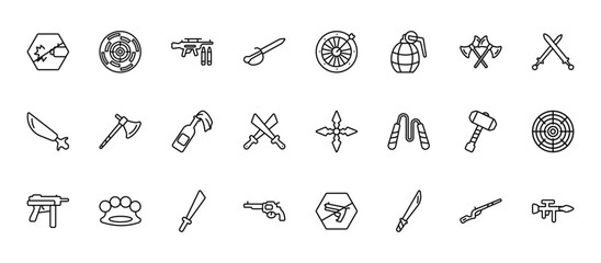 24 set of outline web weapons icons such as shooting target, dart board game, boarding, thor hammer, revolvers vector thin icons for report, presentation, diagram, web design, mobile app