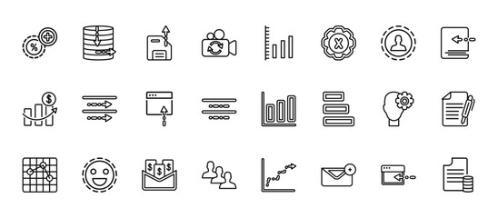 24 set of outline web user interface icons such as data collection, multiple variable lines, justified, brainstorming, humans vector thin icons for report, presentation, diagram, web design, mobile