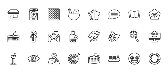 24 set of outline web ultimate glyphicons icons such as smartphone with wireless connection, half star full, mouse up arrow, zoom button, target with circle vector thin icons for report,