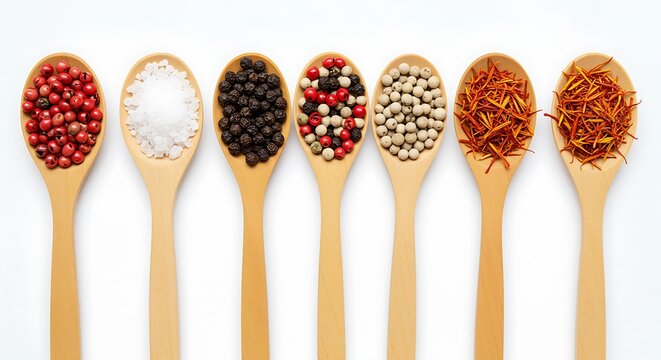 Six wooden spoons filled with different spices and salt peppercorns pink peppercorns - Powered by Adobe
