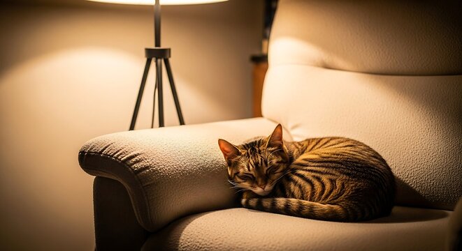 tabby cat sleeping comfortably on a plush armchair illuminated by a warm lamp evoking a cozy and relaxing home environment ideal for pet lovers