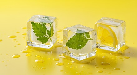 Three ice cubes with green leaves and lemon slice melting on yellow melting ice frozen