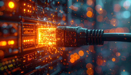 Digital Conduit: An illuminated network cable connecting to a server, symbolizing the flow of data and digital connectivity in a technological landscape.