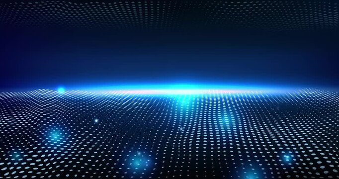 Innovative digital technologies and Big Data. Moving banner with blue cyber light dots symbolizing information flows. Realistic neon animated graphics