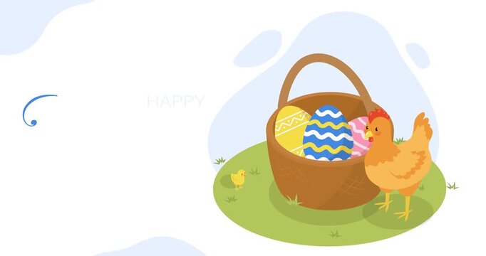 Happy Easter. Moving banner with hen and chick stand on green grass near basket with colorful eggs. Isometric graphic animated cartoon
