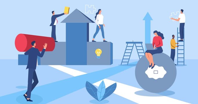 Team building and collaboration. oving banner with office employees and entrepreneurs working on project and completing tasks together. Flat graphic animated cartoon