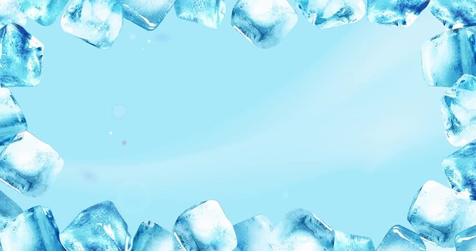Icy surface blue background. Moving banner with frame or border made of cold shiny ice cubes. Abstract winter frozen water. Realistic 3D animated graphics