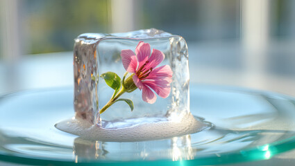 a delicate flower in a piece of ice