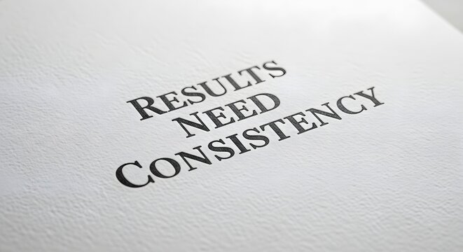 A close-up of a printed motivational quote on textured paper emphasizing the importance of results, need, and consistency for success and growth