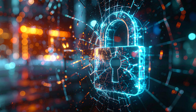 Cybersecurity Fortress: A vibrant digital padlock, illuminated with electric blue hues, shatters a transparent barrier, representing a breakdown in digital security, amid a network of bright.