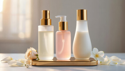 three cosmetic products surrounded by flowers