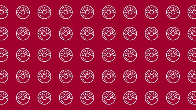 Repetitive donut pattern on red backdrop, perfect for bakery menus, food blogs, party invitations, and sweetthemed marketing materials.