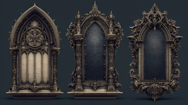 Gothic frame set, vector dark fantasy vintage border, medieval tribal spike decor, Halloween graphic. Arch window symmetric silhouette, game menu design, baroque mirror shape. Gothic frame collection 