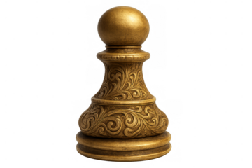Ornate gold chess pawn piece symbolizing game strategy, challenge, leadership and decision making, transparent background
