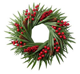 Bright Tropical Christmas Wreath with Red Berries and Pinecones