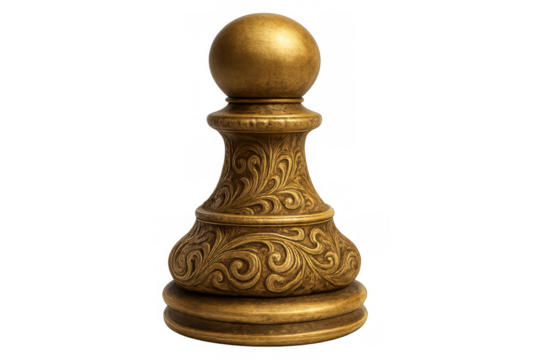 Ornate gold chess pawn piece symbolizing game strategy, challenge, leadership and decision making, transparent background