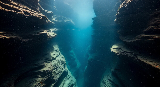 Sunlight streams into an underwater canyon, creating a mesmerizing spectacle