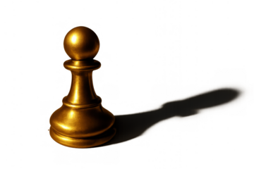 Golden chess pawn casting a long shadow, symbolizing strategy, business leadership, and career advancement against a transparent background
