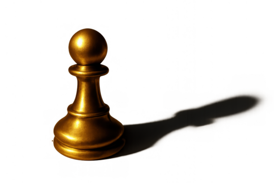 Golden chess pawn casting a long shadow, symbolizing strategy, business leadership, and career advancement against a transparent background