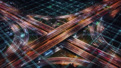 Abstract digital network overlay on a busy highway interchange at night, illustrating connectivity and data flow - Powered by Adobe