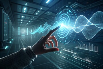A futuristic concept of a human hand touching a holographic digital touchscreen displaying sound waves. Conceptualization of technology, innovation, and human interaction with data.