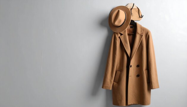Classic camel trench coat and two fashionable hats elegantly displayed on a wall hook against a clean, minimalist light background, embodying sophisticated style and autumnal fashion