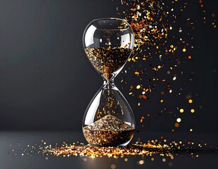 Elegant hourglass with flowing golden glitter, symbolizing the passage of time and precious moments in a sophisticated aesthetic