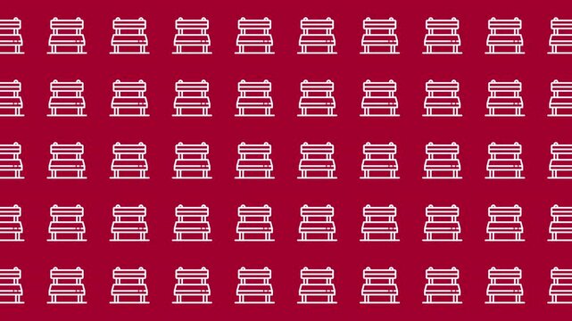 Repeating pattern of park benches against a red background. Suitable for designs related to urban landscapes or public spaces.